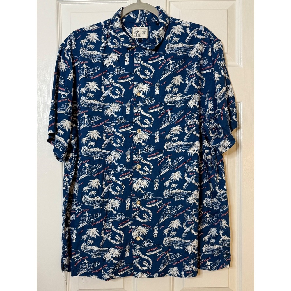 Reyn Spooner Blue Japanese Spun Rayon Waikiki Beach Hawaiian Shirt Mens Large